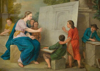 The Teaching of Perspective (1761), by Cornelis Joseph d'Heur (1707–1762), oil on panel.