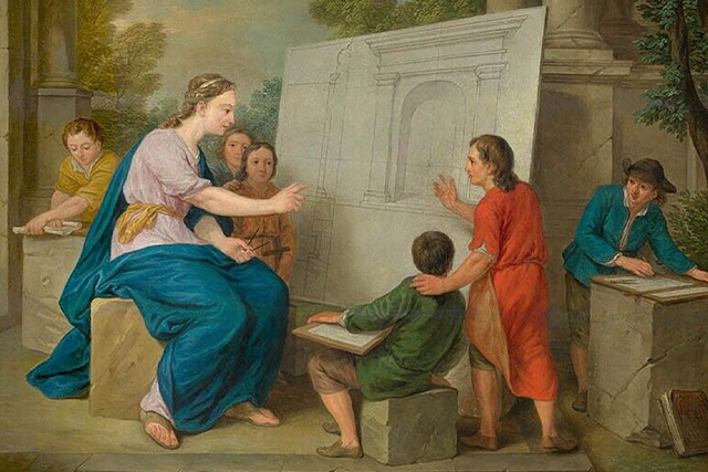 The Teaching of Perspective (1761), by Cornelis Joseph d'Heur (1707–1762), oil on panel.