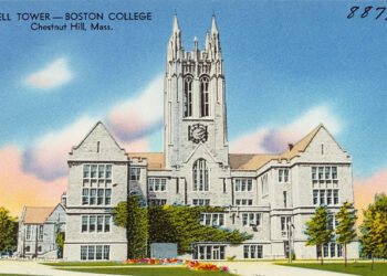 Postcard of Boston College. Bell Tower of Boston College's Gasson Hall. Circa 1930 and 1945.