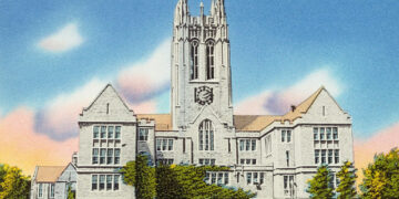 Postcard of Boston College. Bell Tower of Boston College's Gasson Hall. Circa 1930 and 1945.