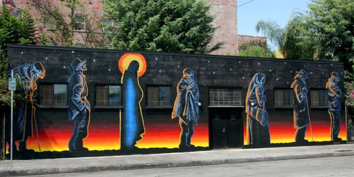 Mural with silhouettes of 7 figures in a line, one of whom seems to be Jesus